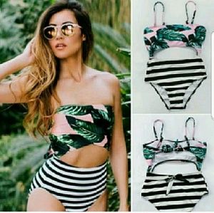 New High Waisted Floral Striped Swimsuit monokini